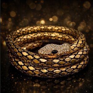Gold Snake Wrap Bracelet Rhinestone Head Statement Stretch Bracelet NEW